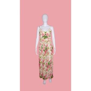 1990s BETSEY JOHNSON. Rose Print Maxi Dress W/PLEATED Skirt & Belt. S-M. AS IS